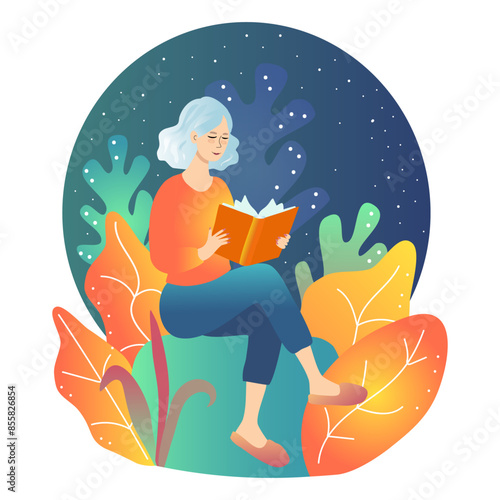 Illustration of senior woman with short white hair sitting comfortably and reading book, surrounded by vibrant, colorful foliage. The background features a night sky with stars. Vector illustration.