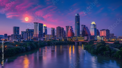 skyscrapers buildings illuminated against a vibrant sky, reflecting in River below. growing metropolitan center