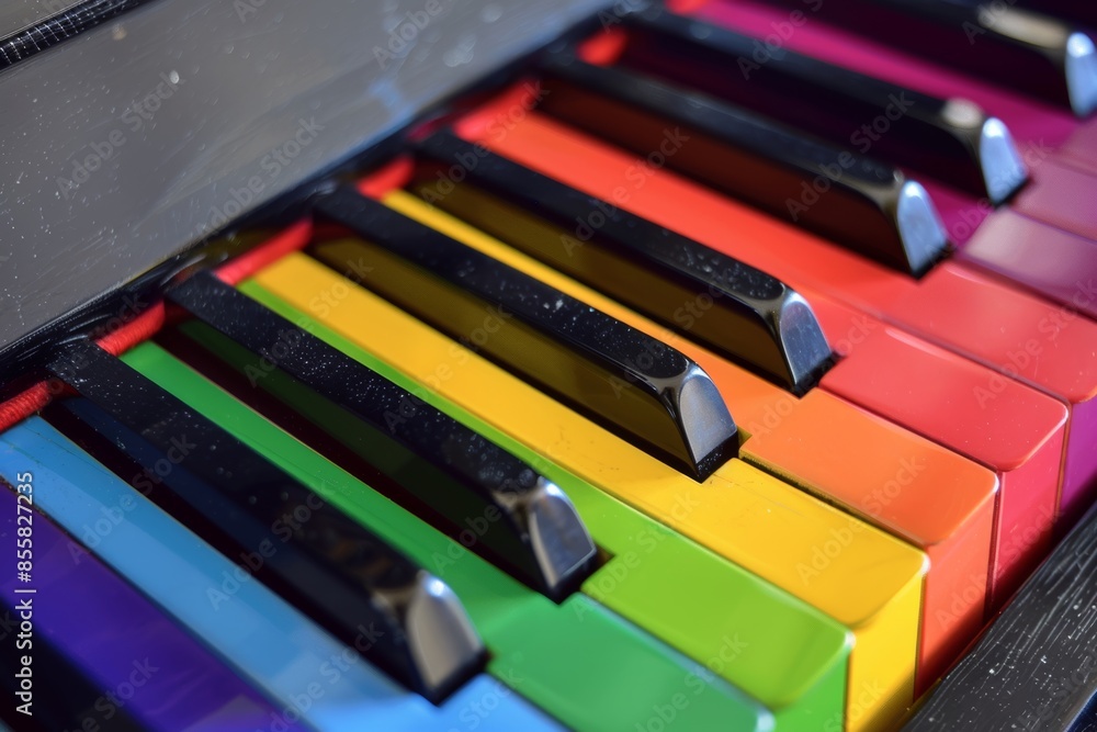 A piano keyboard with colorful keys rainbow piano. A piano keyboard with colorful keys rainbow piano.