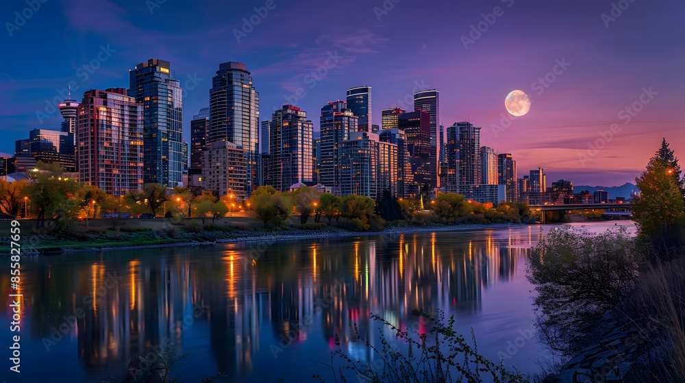 Obraz premium skyscrapers buildings illuminated against a vibrant sky, reflecting in River below. growing metropolitan center
