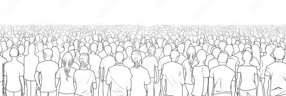 Naklejka premium Diverse crowd of people: kids, teens, adults and seniors - seamless banner of hand drawn faces of various age groups and ethnicities.