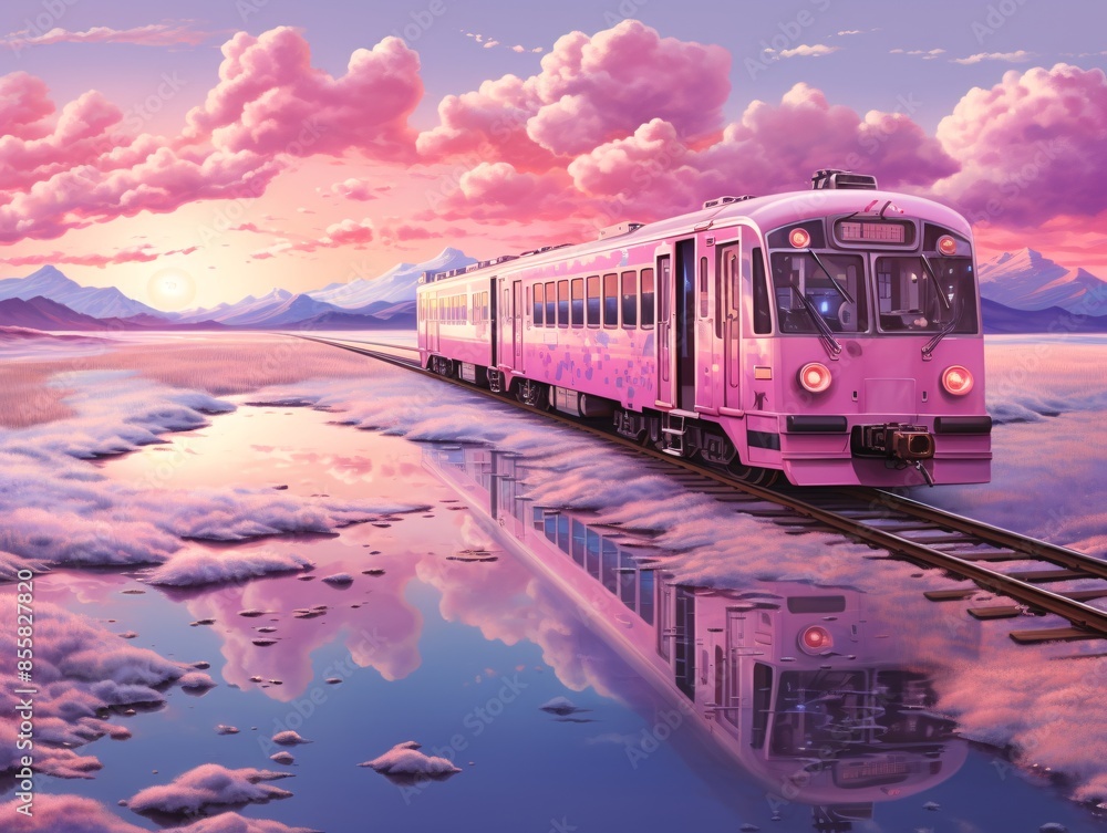 a pink train on tracks with water and mountains in the background a pink train on tracks with water and mountains in the background