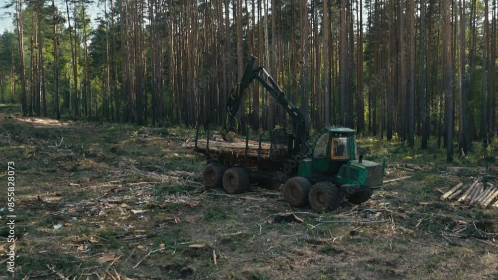 Logging Machine Uses Crane Equipment To Load Sawn Wood Into Cargo Space. Logging Equipment Harvests Timber. Logging Harvester Cargo Transport. Forestry Equipment. Sawn Tree Trunks In Cargo Logging Machine Uses Crane Equipment To Load Sawn Wood Into Cargo Space. Logging Equipment Harvests Timber. Logging Harvester Cargo Transport. Forestry Equipment. Sawn Tree Trunks In Cargo