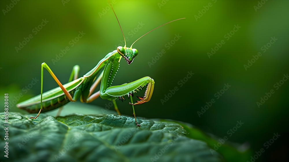 Praying Mantis Perched on Green Leaf Intense Gaze and Detailed Texture Praying Mantis Perched on Green Leaf Intense Gaze and Detailed Texture