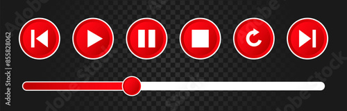 Music and video player interface button set. Media app ui icon. Play start repeat next red color. Vector illustration isolated background