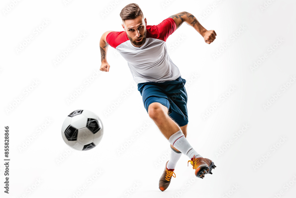 Dynamic Football Player Isolated in Action on copy space White Background. Football Player in Motion, Athletic Football Star, Isolated Footballer, Energetic Pose Against Clean White Background Dynamic Football Player Isolated in Action on copy space White Background. Football Player in Motion, Athletic Football Star, Isolated Footballer, Energetic Pose Against Clean White Background