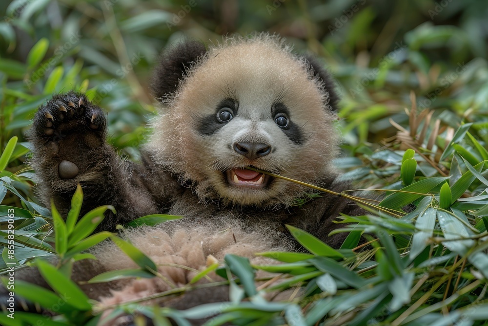 A playful panda cub rolling on its back in a lush bamboo forest, holding a bamboo shoot in its mouth. Background: green bamboo stalks and leaves A playful panda cub rolling on its back in a lush bamboo forest, holding a bamboo shoot in its mouth. Background: green bamboo stalks and leaves