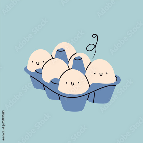 Chicken Eggs in tray. Eggs with happy faces in box. Cute characters. Cartoon flat style. Breakfast, organic farm food concept. Poultry production. Hand drawn Vector illustration. Isolated elements
