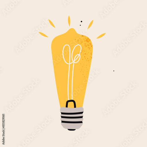 Yellow light Bulb. Cartoon flat style. Idea, creativity, innovation, inspiration, invention concept. Hand drawn modern Vector illustration. Logo, icon, print, design template