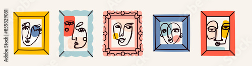 Various abstract Faces in frames. Ink painting style. Contemporary hand drawn modern Vector illustration. Continuous line, minimalistic elegant concept. Isolated design elements