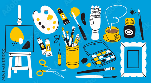 Various art tools, supplies, equipment. Mannequins hand, easel, canvas, scissors, ink, brush kit, pencil, paint palettes, oil tube, watercolor paint. Hand drawn Vector illustration. Isolated elements