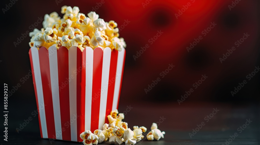 Popcorn overflowing from a red and white striped cardboard container on a table Popcorn overflowing from a red and white striped cardboard container on a table