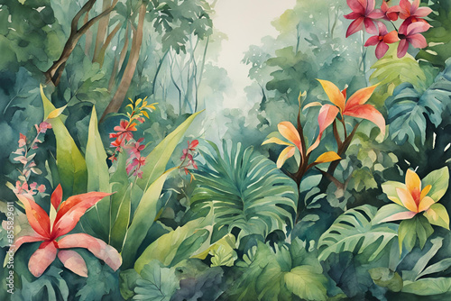 Mystical Jungle, Watercolor Tropical Rainforest with Vibrant Flora and Butterflies