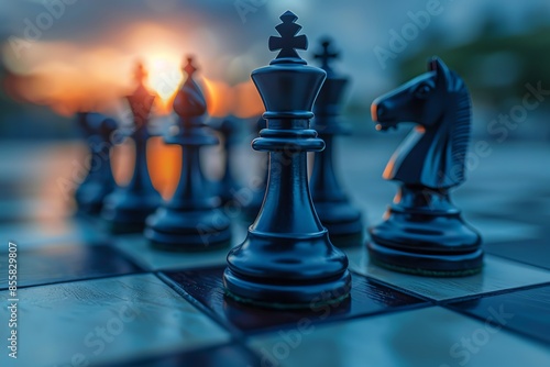 Business strategy wallpaper, abstract chess pieces on a softfocus board, strategic theme photo