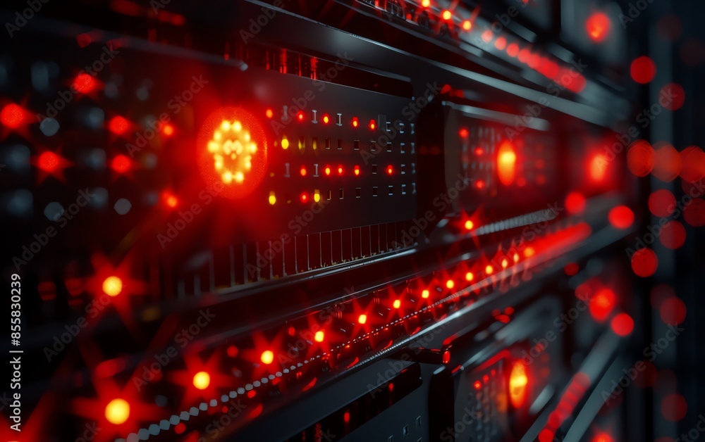 Fototapeta premium A closeup view of a server rack with glowing red LED lights in a dark data center, symbolizing network infrastructure and technology