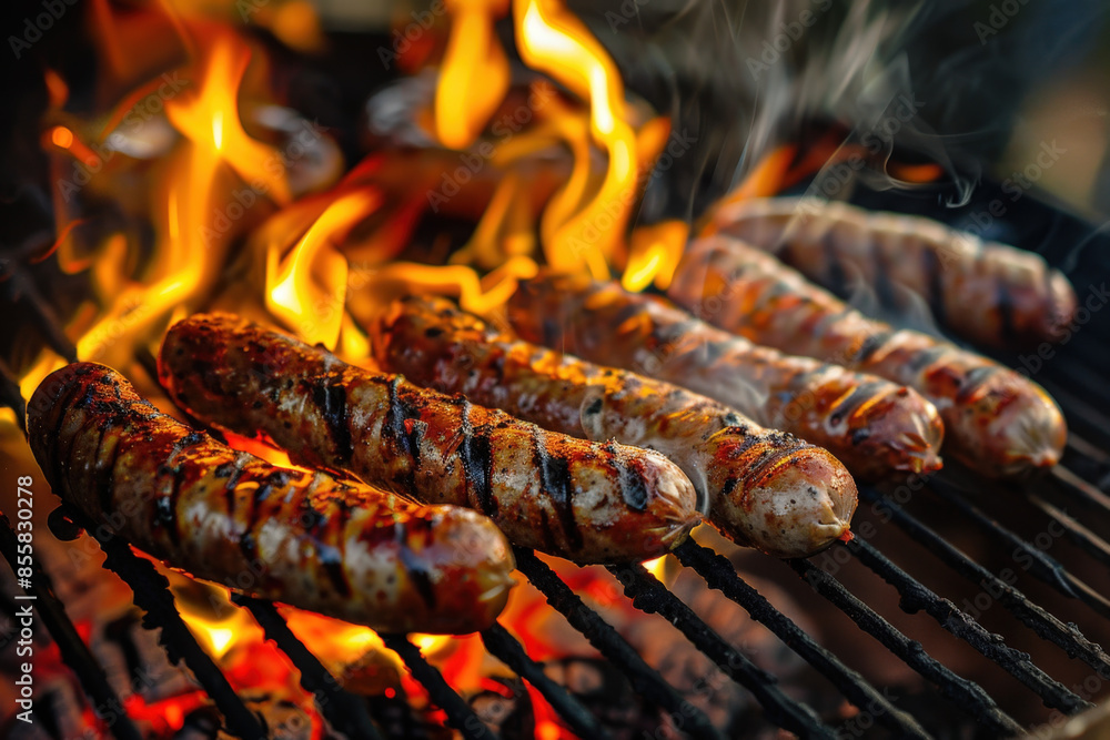 Sizzling sausages on a bbq grill with fiery flames, perfect for summer parties. Juicy, roasted, and mouthwatering against the charcoal backdrop Sizzling sausages on a bbq grill with fiery flames, perfect for summer parties. Juicy, roasted, and mouthwatering against the charcoal backdrop