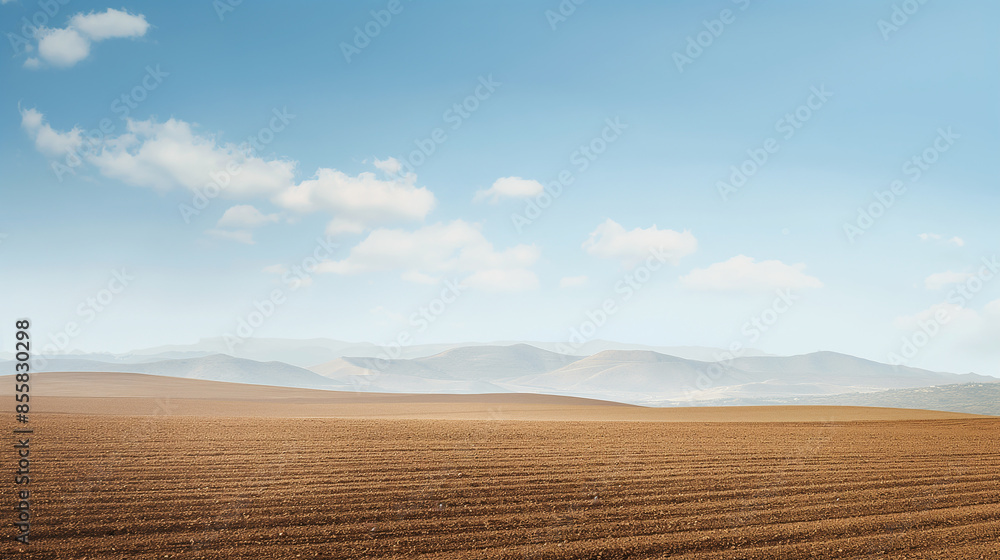 Fototapeta premium A vast empty field of brown soil stretches to the horizon with distant mountains and a clear blue sky