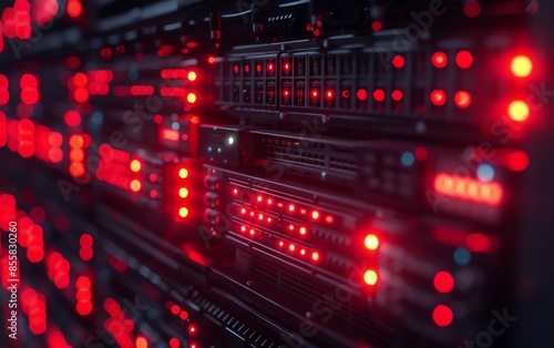 A closeup view of a server rack with glowing red LED lights in a dark data center, symbolizing network infrastructure and technology