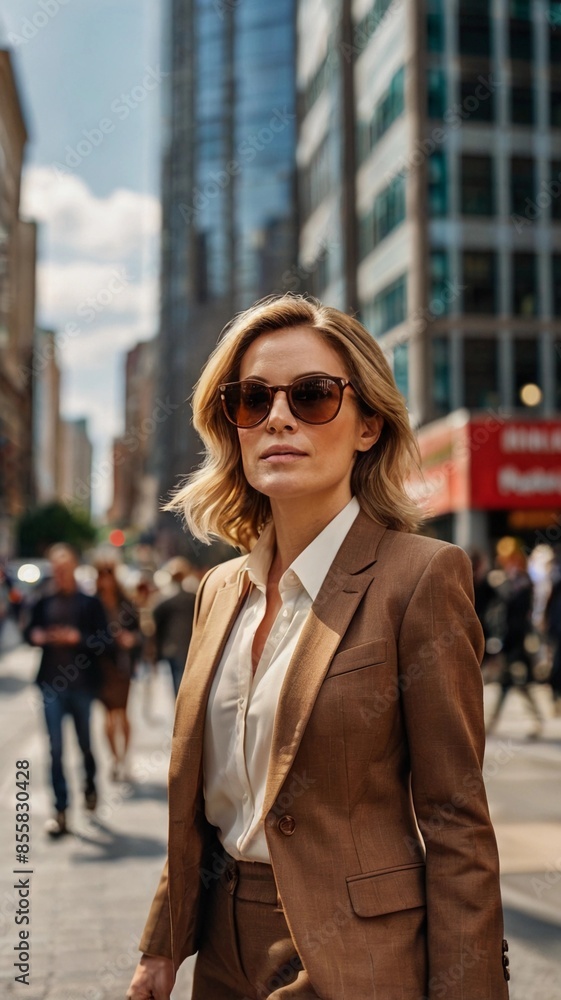 A businesswoman wearing a brown suit and sunglasses walks against the backdrop of a busy city A businesswoman wearing a brown suit and sunglasses walks against the backdrop of a busy city