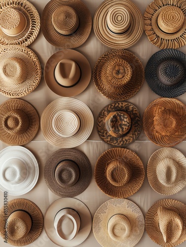 An arrangement of different types of hats on a neutral background, 3D render clay style , summer background, top view, copy space, studio shooting photo