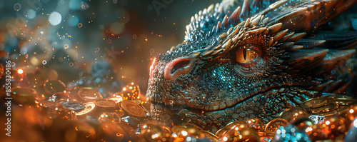 A dragon's hoard filled with glittering gold coins, precious gems, and ancient artifacts.