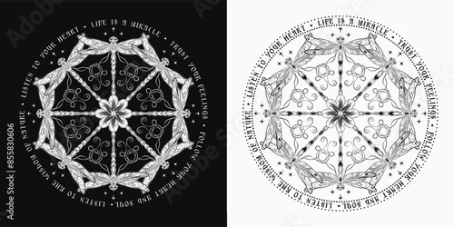 Circular ornament like mandala with chamomile flower, fantasy dragonfly with curled antennae in Art Nouveau style. Text with inspirational short phrases. Vintage style.