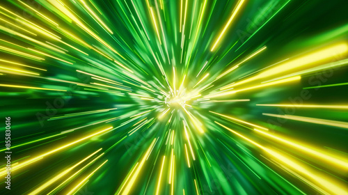 Abstract neon green and yellow light burst background, glowing speed lines and energy rays, futuristic motion wallpaper