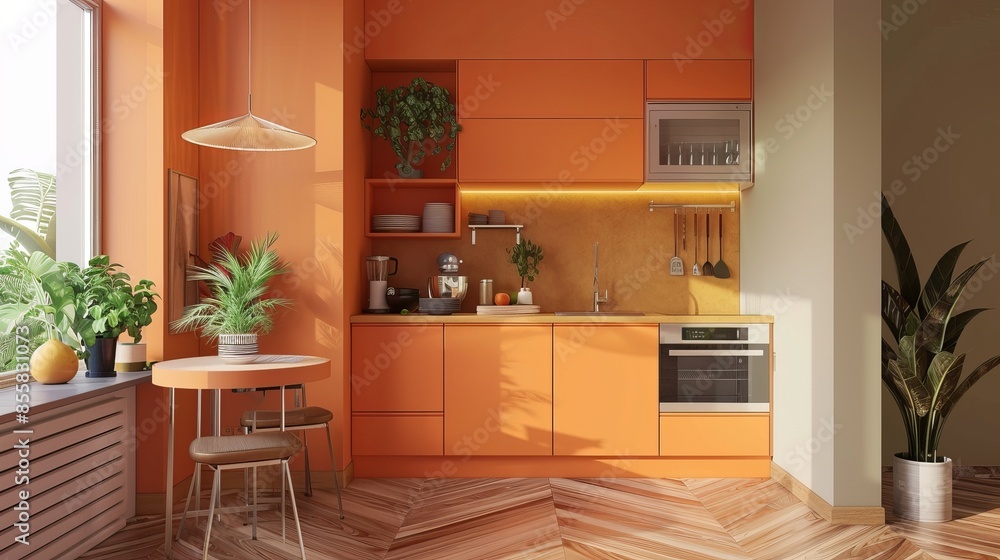 Fototapeta premium A small corner kitchen in orange on a parquet floor in a relaxing house 