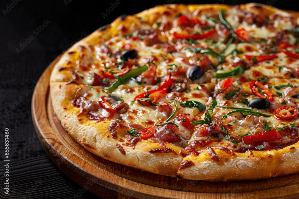Freshly baked pizza with melted mozzarella cheese, sliced sausages, red pepper, green pepper, olives and herbs is lying on a wooden board Freshly baked pizza with melted mozzarella cheese, sliced sausages, red pepper, green pepper, olives and herbs is lying on a wooden board