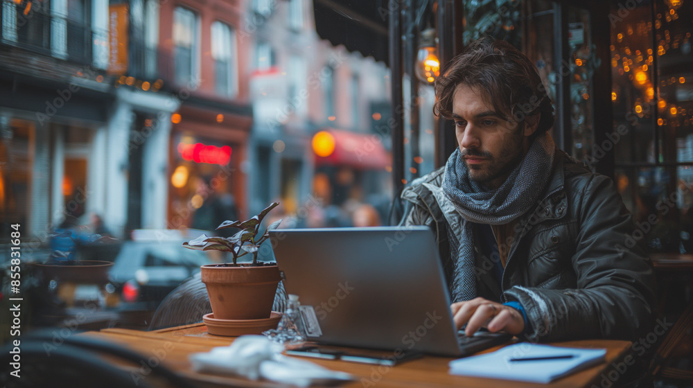 a man sitting in a restaurant using a laptop, focused on his work. a man sitting in a restaurant using a laptop, focused on his work.