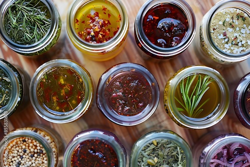 Homemade herbal marinades in glass jars