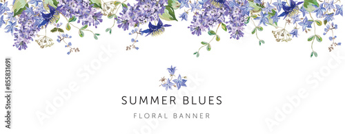 Blue bell flowers, lilac, green leaves, white background. Banner template with text. Vector illustration. Floral arrangement. Summer border design 