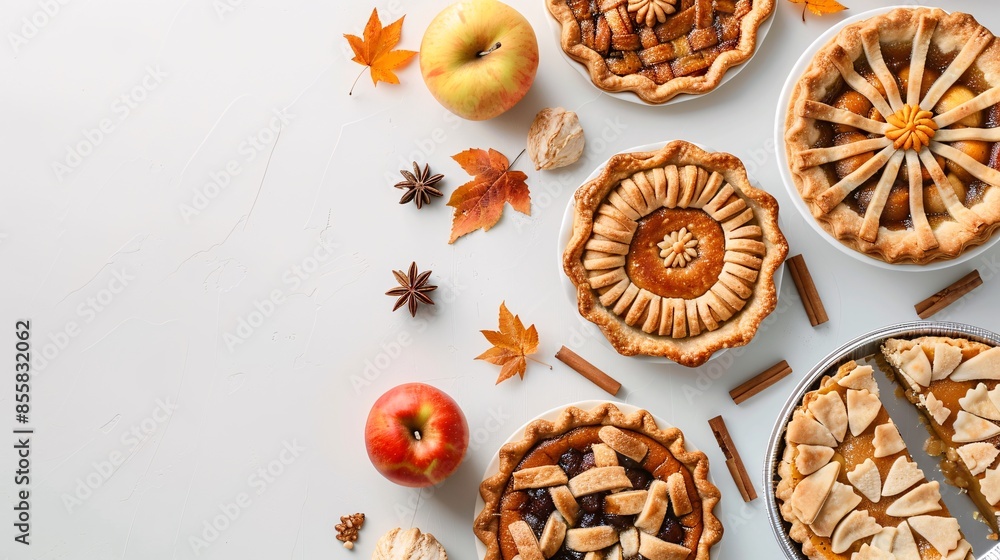 a group of pies on plates next to apples and cinnamon a group of pies on plates next to apples and cinnamon