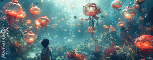An artist creating a surrealist digital artwork depicting a whimsical underwater world inhabited by fantastical creatures.