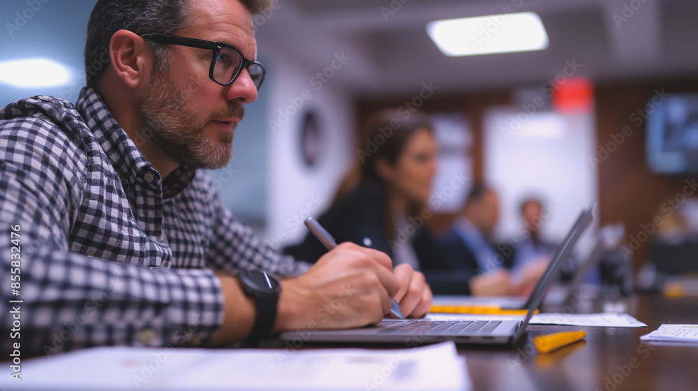 A man is writing on a laptop in front of a group of people A man is writing on a laptop in front of a group of people