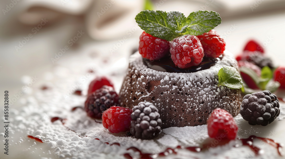 Elegant dessert display featuring a chocolate lava cake with powdered sugar, berries, and mint leaves Elegant dessert display featuring a chocolate lava cake with powdered sugar, berries, and mint leaves