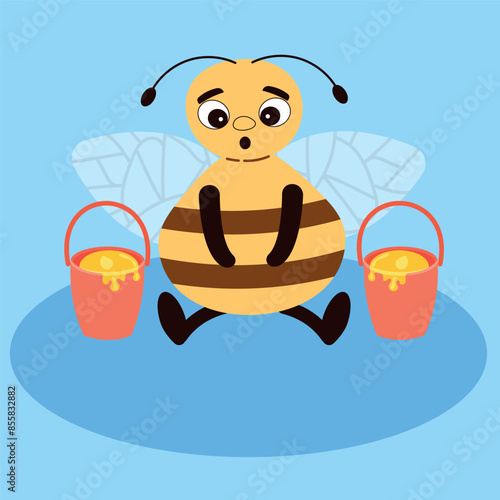 Cute tired bee with buckets of honey. Emotions Kids Illustration. Flat style