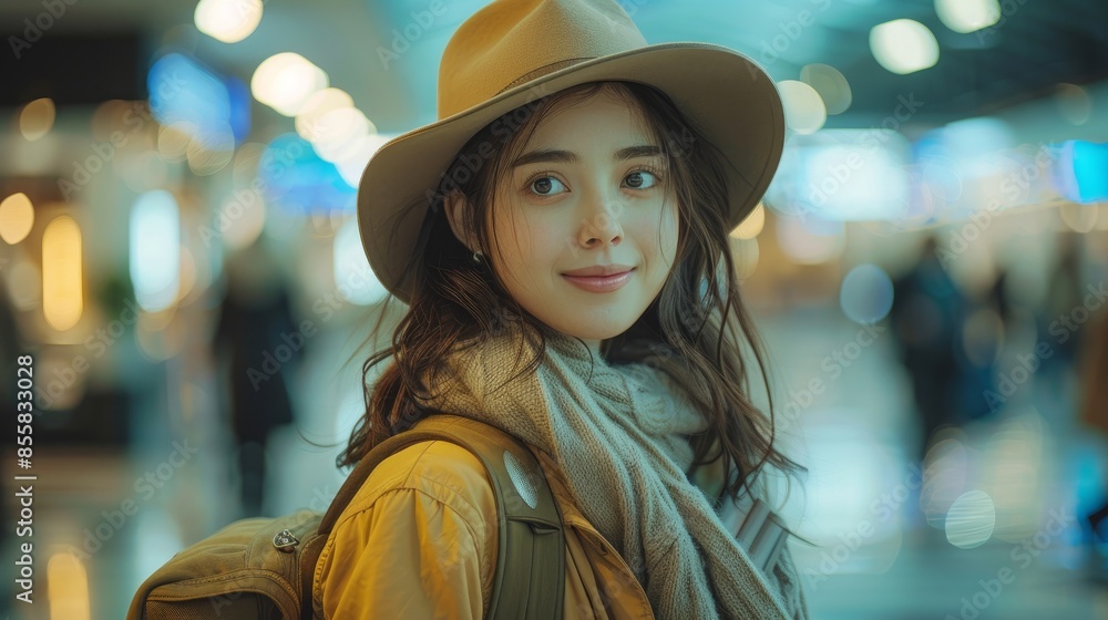 Happy Tourist Lady In Hat Holding Passport And Boarding Pass Walking With Luggage At Modern Airport Outdoors, Looking Away, Advertising Travel Offer. Passenger With Suitcase Arriving At Terminal Happy Tourist Lady In Hat Holding Passport And Boarding Pass Walking With Luggage At Modern Airport Outdoors, Looking Away, Advertising Travel Offer. Passenger With Suitcase Arriving At Terminal