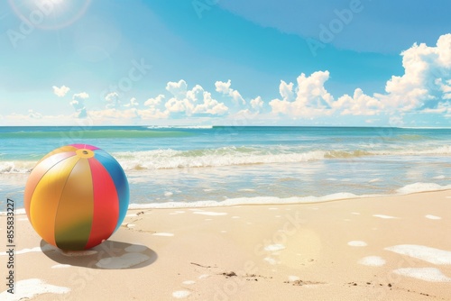 A vibrant beach ball sits atop the pristine sand of a sunny beach in Brazil.