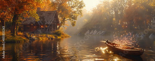 A serene riverside scene with a wooden rowboat drifting lazily in calm waters. A blacksmith forging iron in a rustic workshop, sparks flying as they hammer the metal. photo