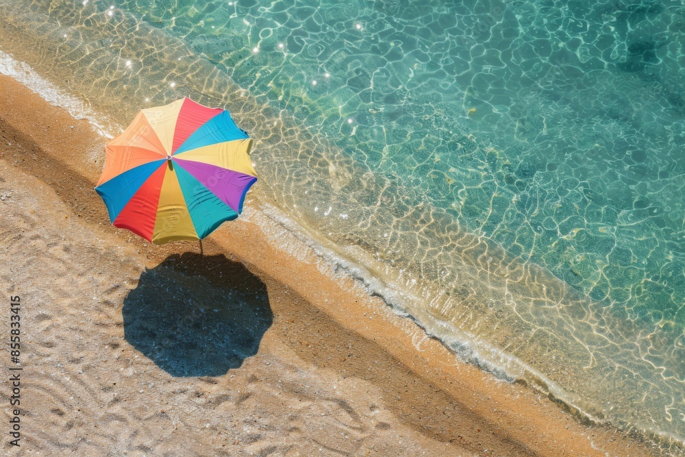 Naklejka premium A colorful parasol stands out against the warm golden sand of a sunny Greek beach, casting a beautiful shadow. The illustration is full of vibrant colors and textures, evoking a sense of summer fun.