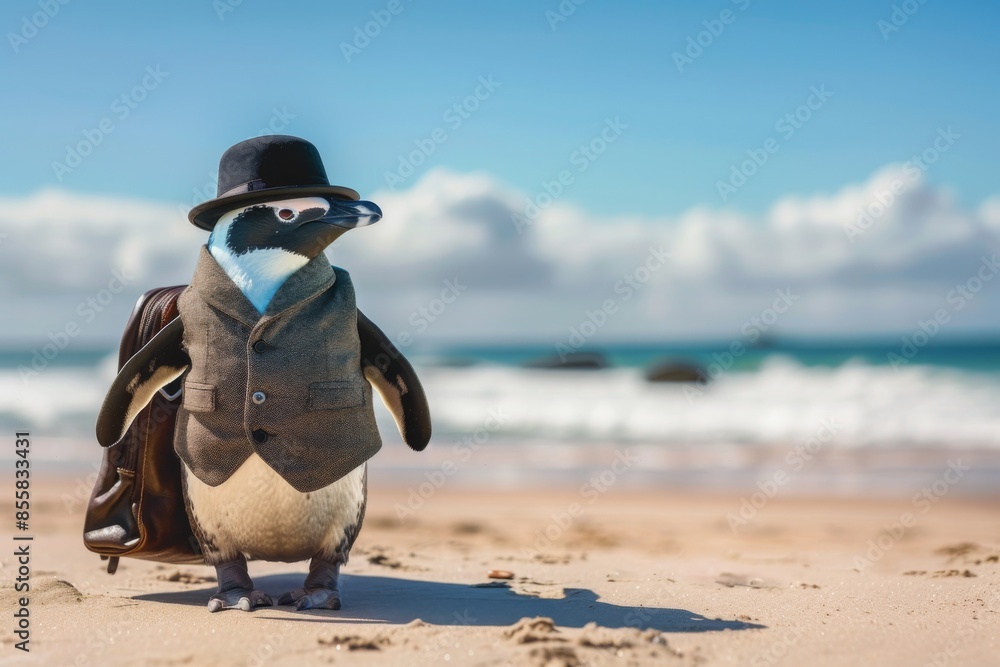 Fototapeta premium A happy penguin donning a bowler hat and waistcoat, relaxing on a beach with a beach bag