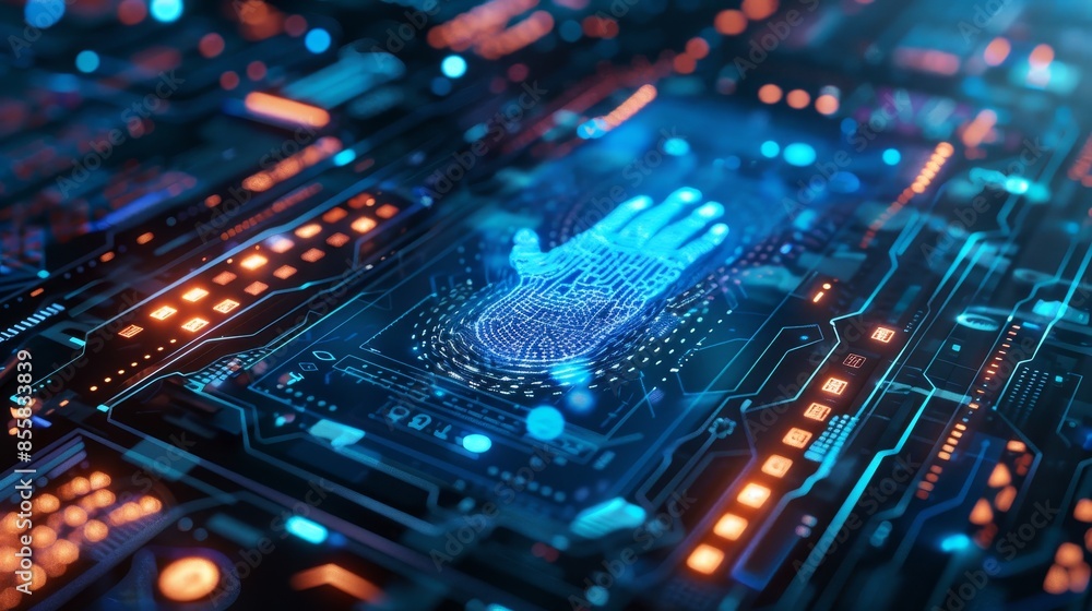 Advanced digital touch interface, showcasing biometric prints, neon lights and holograms, futuristic design, raw texture Advanced digital touch interface, showcasing biometric prints, neon lights and holograms, futuristic design, raw texture