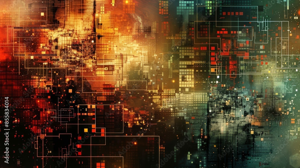 Artistic digital abstract representation of internet technology, network communication, and virtual cyber elements, raw style, emphasizing complexity Artistic digital abstract representation of internet technology, network communication, and virtual cyber elements, raw style, emphasizing complexity