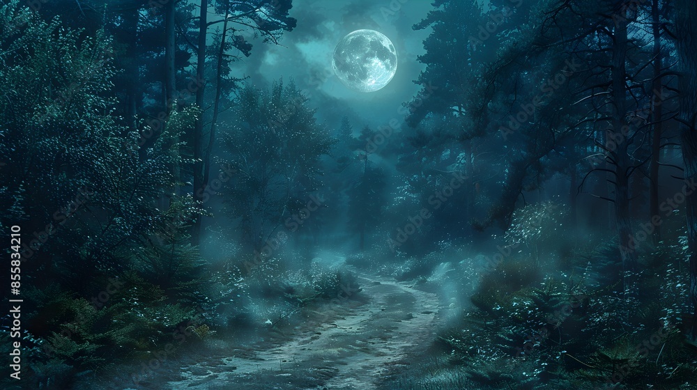 Enchanting Moonlit Forest Path with Ethereal Atmosphere and Mysterious Shadows Enchanting Moonlit Forest Path with Ethereal Atmosphere and Mysterious Shadows
