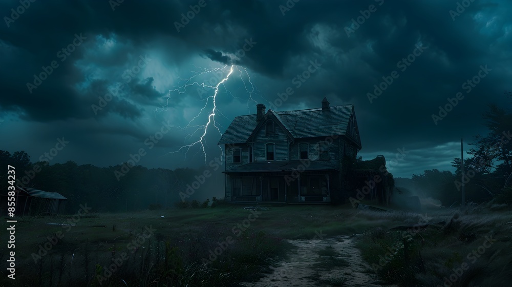 Eerie Abandoned House on a Stormy Night with Lightning Illuminating the Dramatic Sky Eerie Abandoned House on a Stormy Night with Lightning Illuminating the Dramatic Sky