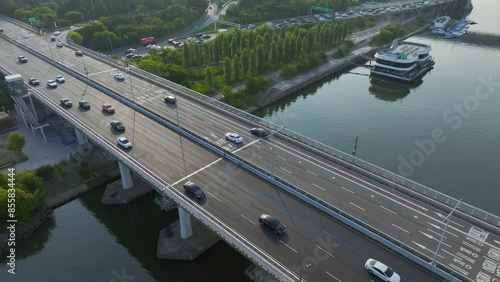 Drone View of Seoul city in South Korea, Yanghwa large bride, Han River, Summer, 60fps photo