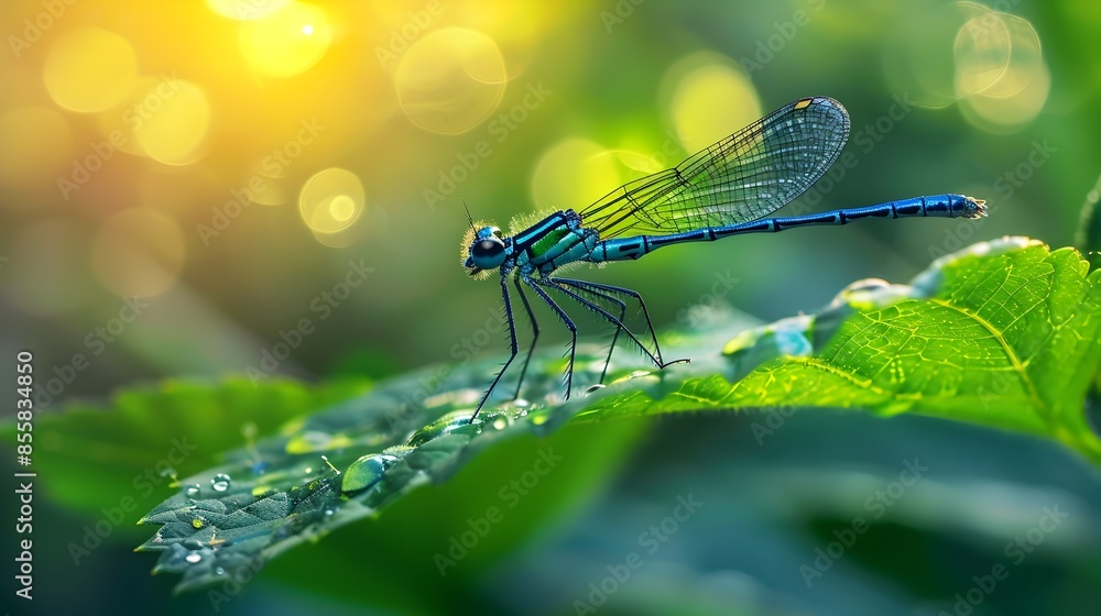Vibrant Blue Damselfly Resting on Green Leaf in Sharp Focus with Delicate Slender Body and Wings Vibrant Blue Damselfly Resting on Green Leaf in Sharp Focus with Delicate Slender Body and Wings