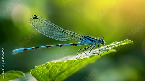 Vibrant Blue Damselfly Resting on Green Leaf with Slender Body and Delicate Wings in Sharp Focus
