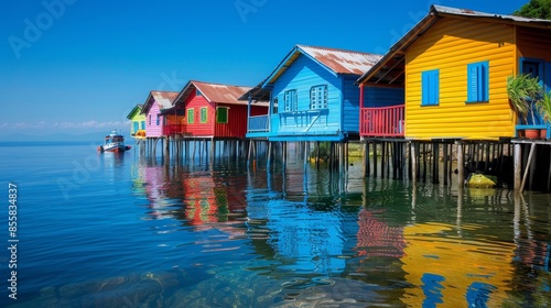 Brightly colored wooden fishing cabins, raised on stilts over the ocean, with a clear blue sky behind, vivid and raw style © Paul